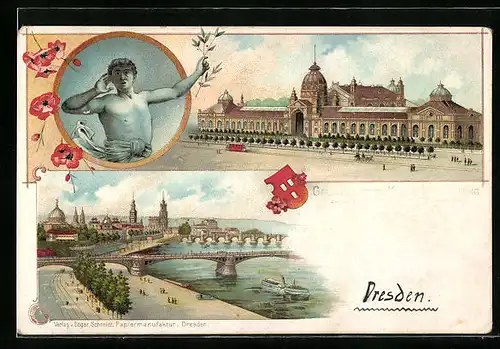 Lithographie Dresden, Ausstellungshalle, Stadtansicht, Stadtwappen