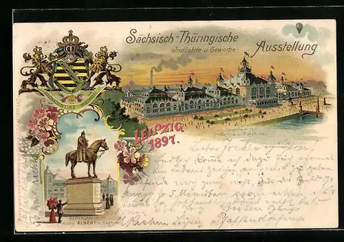 Lithographie Leipzig, Sächs.-Thür. Industrie- und Gewerbe-Ausstellung 1897, Haupthalle, Stadtwappen, Reiterstandbild