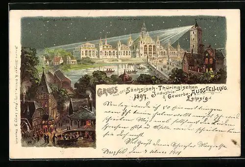 Lithographie Leipzig, Sächs.-Thür. Industrie- und Gewerbe-Ausstellung 1897, Thüringer Dorf und Haupthalle