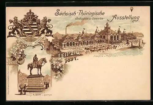Lithographie Leipzig, Sächs.-Thür. Industrie- und Gewerbe-Ausstellung 1897, Haupthalle, Reiterstandbild, Wappen