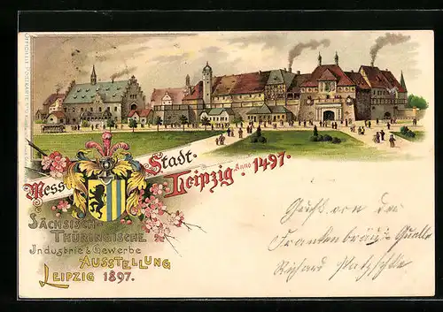 Lithographie Leipzig, Sächs.-Thür. Industrie- und Gewerbe-Ausstellung 1897, Ausstellungsgelände, Wappen
