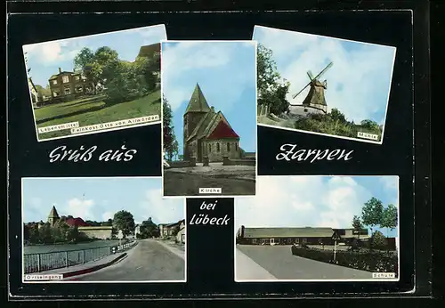 AK Zarpen, Ortseingang, Kirche, Schule, Mühle, Lebensmittelgeschäft