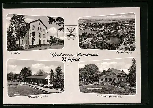 AK Reinfeld /Holstein, Luftaufnahme vom Ort, Kurheim, Kurheim-Garten und Gartenhaus