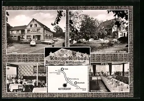 AK Nottensdorf, Hotel Bellmann mit Gästehaus und Garten, kleiner Saal und Wintergarten