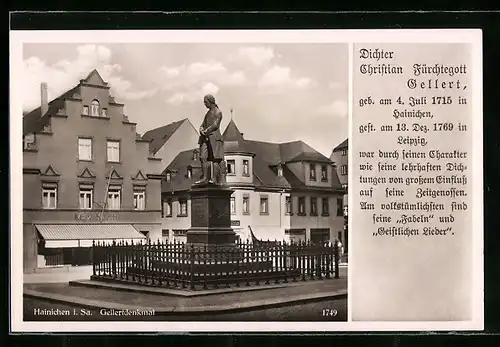 AK Hainichen, Denkmal Christian Fürchtegott Gellert