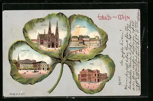 Passepartout-Lithographie Wien, Blumen-Säle, Votivkirche, K. K. Belvedere und Börse im Kleeblatt