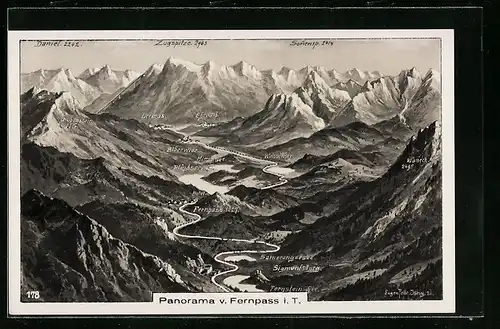 Künstler-AK Eugen Felle: Fernpass i. T., Panorama aus der Vogelschau