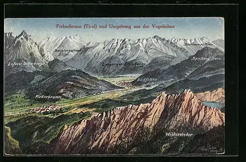 Künstler-AK Eugen Felle: Fieberbrunn, Ortsansicht und Umgebung aus der Vogelschau