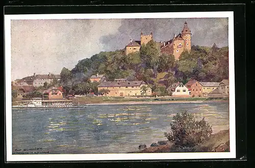 Künstler-AK Rudolf Schmidt: Ottensheim, Fluss mit Schiff der Donau-Dampfschifffahrts-Gesellschaft