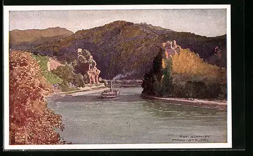 Künstler-AK Rudolf Schmidt: Donau-Struden, Fluss mit Schiff der Donau-Dampfschifffahrts-Gesellschaft