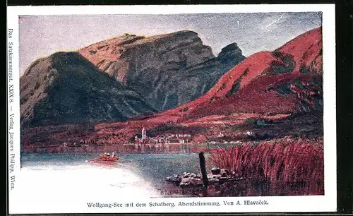 Künstler-AK Philipp + Kramer Nr. XXIX /8: Wolfgang-See mit dem Schafberg, Abendstimmung
