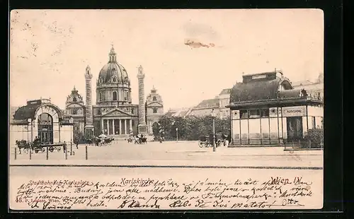 AK Wien, Karlsplatz mit Stadtbahnhof und Karlskirche