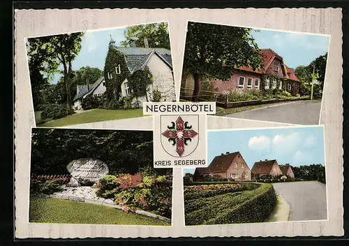 AK Negernbötel, Vier Ansichten aus dem Ort mit Wappen