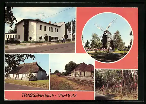 AK Trassenheide /Usedom, Gaststätte Seeklause, Mühle, ehemaliges Fischerhaus, Bahnhof, Finnhütten