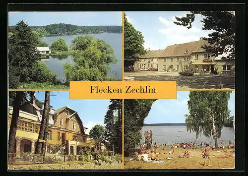 AK Flecken Zechlin, Blick zum Schwarzen See, Markt, FDGB-Erholungsheim Eisenhöhe, Strandbad am Grossen Zechliner See