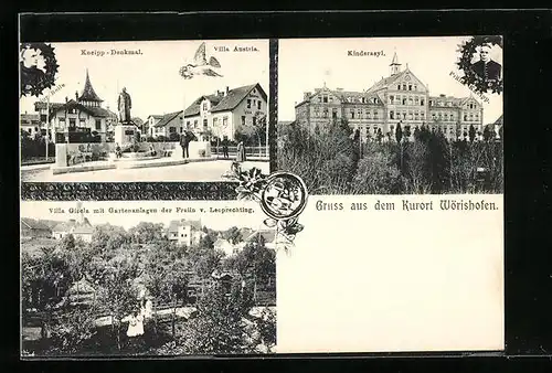AK Wörishofen, Kneipp-Denkmal, Villa Austria, Kinderasyl, Villa Gisela mit Gartenanlagen der Freiin v. Leoprechting