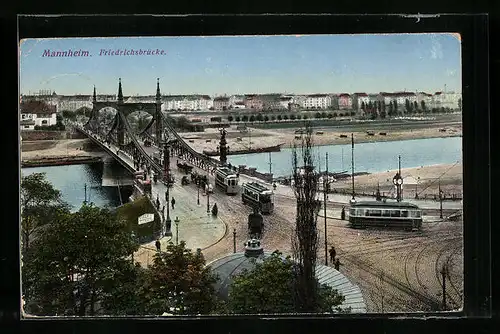 AK Mannheim, Strassenbahnen auf der Friedrichsbrücke