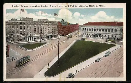 AK Boston, Copley Square, showing Copley Plaza Hotel and Public Library, Strassenbahn