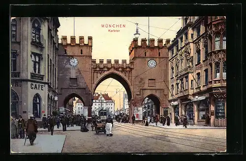 AK München, Strassenbahn am Karlstor