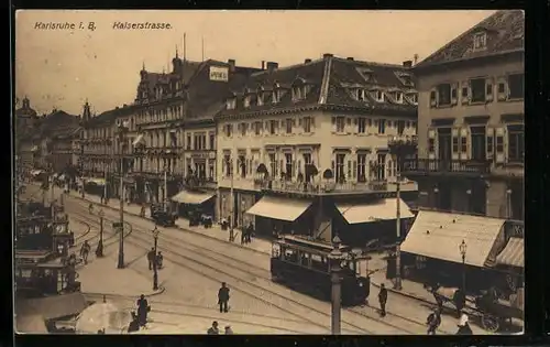 AK Karlsruhe i. B., Strassenbahn in der Kaiserstrasse