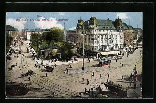 AK Berlin, Strassenbahnen auf Potsdamer- u. Leipzigerplatz mit Leipzigerstrasse