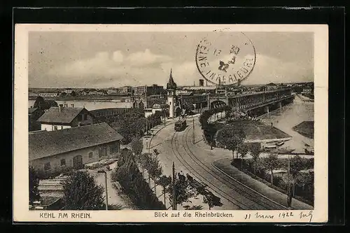 AK Kehl am Rhein, Blick auf die Rheinbrücken mit Strassenbahn