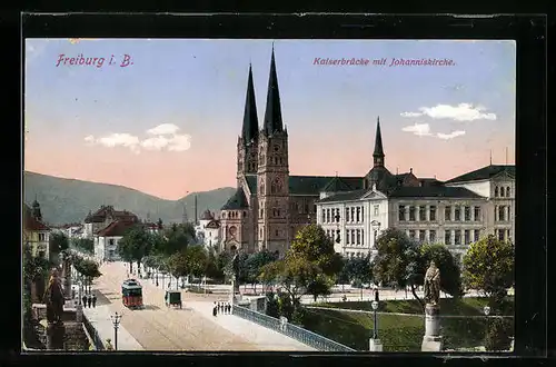 AK Freiburg i. B, Strassenbahn auf der Kaiserbrücke mit Johanniskirche