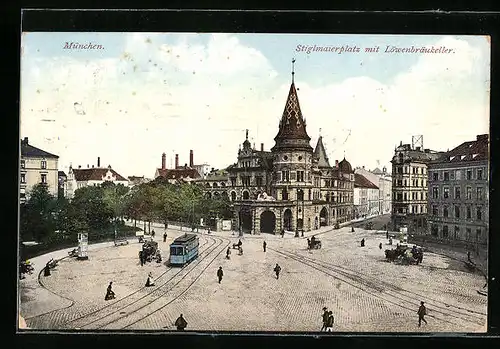 AK München, Stiglmaierplatz mit Löwenbräukeller und Strassenbahn