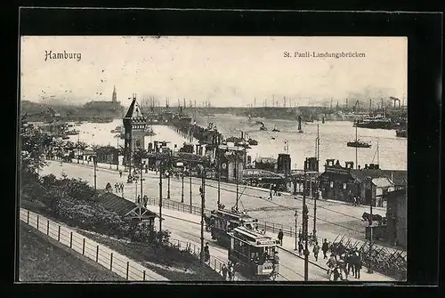 AK Hamburg-St. Pauli, Landungsbrücken mit Strassenbahn