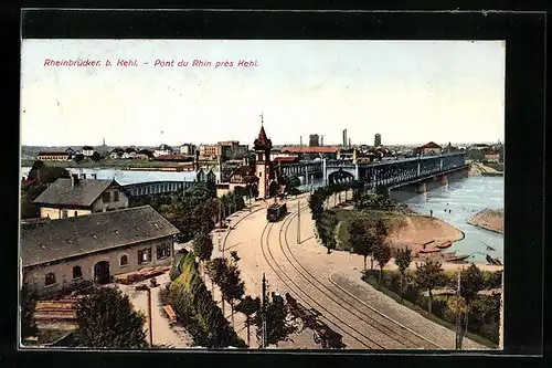 AK Kehl, Rheinbrücken mit Strassenbahn