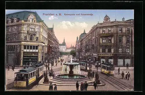 AK Frankfurt a. M., Kaiserplatz und Kaiserstrasse mit Strassenbahnen