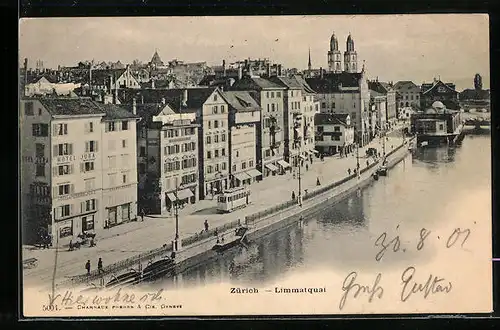 AK Zürich, Limmatquai mit Strassenbahn