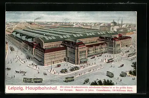Künstler-AK Leipzig, Strassenbahnen am Hauptbahnhof