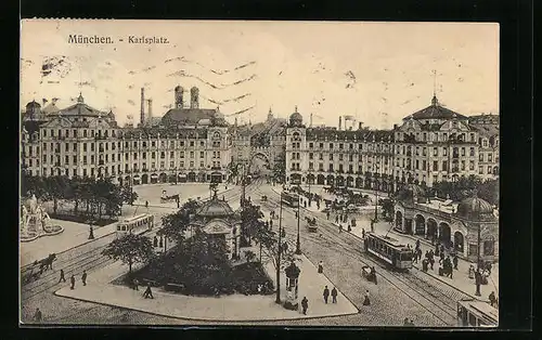 AK München, Karlsplatz mit Strassenbahnen