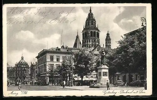 AK Mainz a. Rh., Gutenberg-Denkmal mit Dom und Strassenbahn