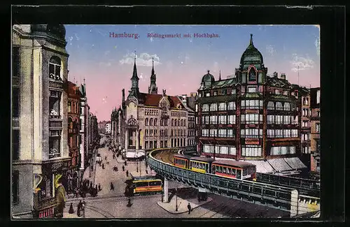 AK Hamburg, Strassenbahn am Rüdingsmarkt mit Hochbahn