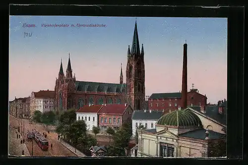 AK Essen, Strassenbahn am Viehhoferplatz mit Gertrudiskirche