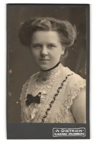 Fotografie A. Dietrich, Glauchau-Waldenburg, Leipziger Str., Portrait schönes Fräulein in bestickter Bluse