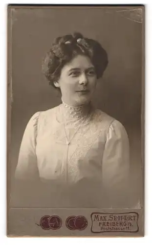 Fotografie Max Seifert, Freiberg i. S., Poststr. 11, Portrait dunkelhaarige Schönheit mit Dutt