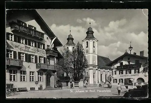 AK St. Johann, Hauptplatz mit Kirche und Gasthof Zum Dampfl