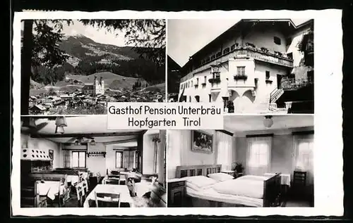 AK Hopfgarten, Ortsansicht und drei Ansichten vom Gasthof-Pension Unterbräu