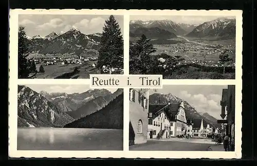 AK Reutte, zwei Ortsansicht, Strassenpartie und Blick auf See