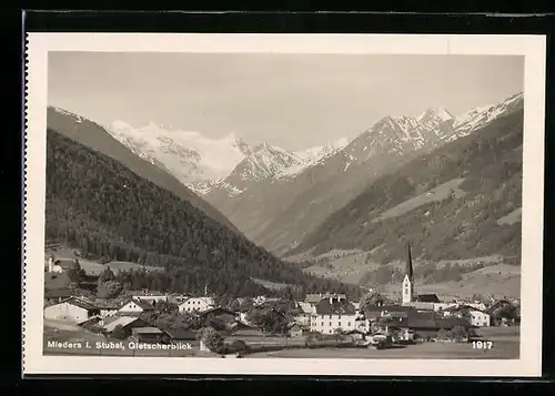 AK Mieders im Stubai, Ortsansicht mit Gletscherblick