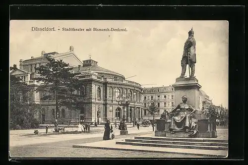 AK Düsseldorf, Stadttheater mit Bismarck-Denkmal