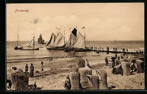 AK Norderney, Strandleben mit Blick zu Segelbooten