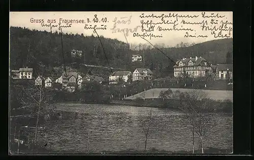 AK Frauensee, Blick über das Wasser zum Ort