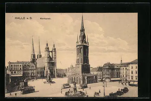 AK Halle a. d. Saale, Marktplatz mit Strassenbahnen