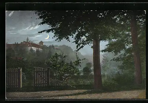 Mondschein-AK Iburg im Teutoburger Wald, Blick zum Schloss