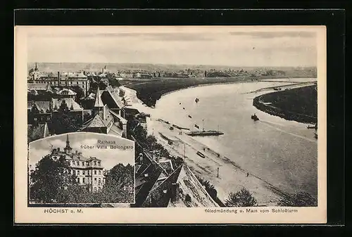 AK Höchst a. M., Niedmündung und Main vom Schlossturm, Rathaus früher Villa Bolongaro