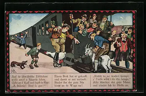 Künstler-AK Hans Boettcher: Bauer bindet Ziege an schwäbische Eisenbahn
